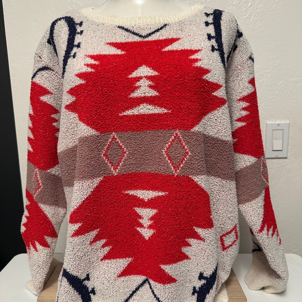 Aztec Patterned Red and Cream Sweater